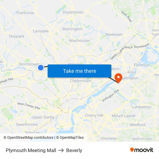 Plymouth Meeting Mall to Beverly map