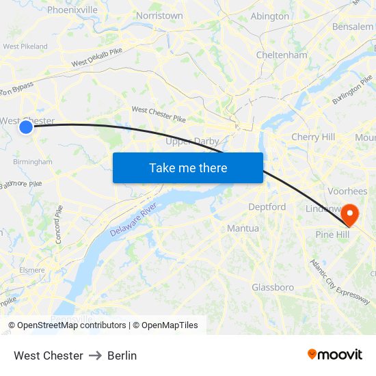 West Chester to Berlin map