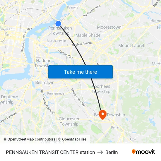 PENNSAUKEN TRANSIT CENTER station to Berlin map