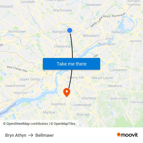 Bryn Athyn to Bellmawr map