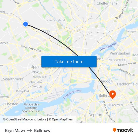 Bryn Mawr to Bellmawr map