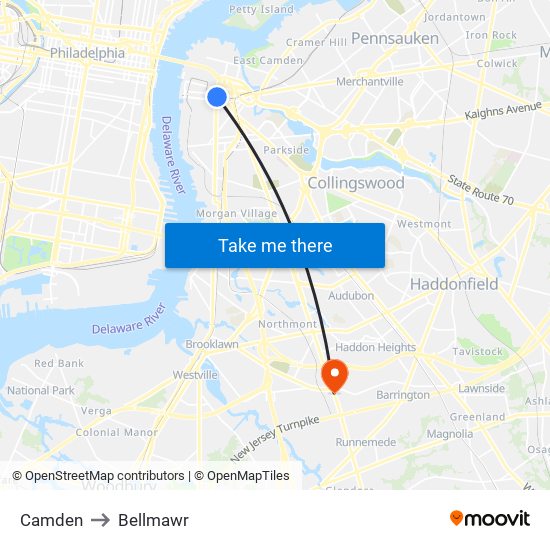 Camden to Bellmawr map