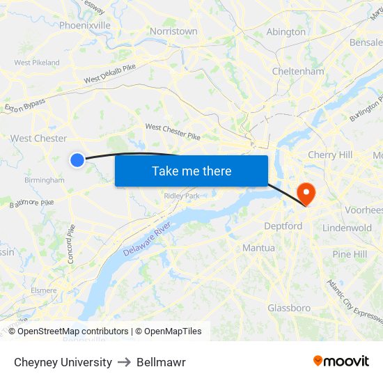 Cheyney University to Bellmawr map