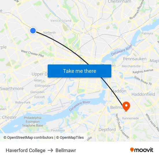 Haverford College to Bellmawr map