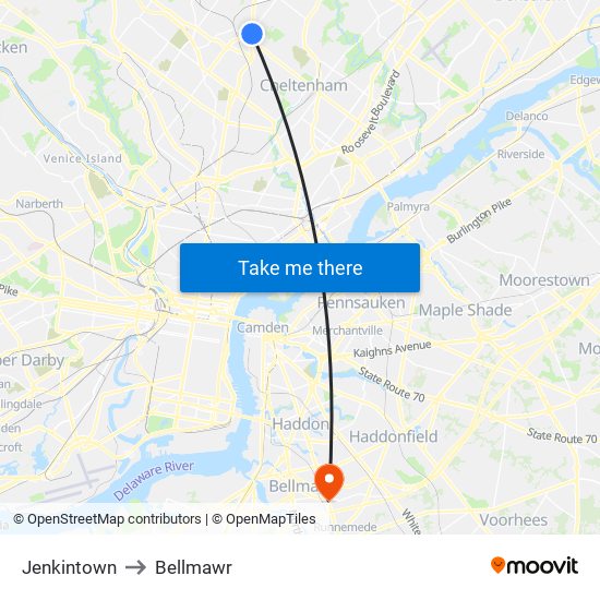 Jenkintown to Bellmawr map