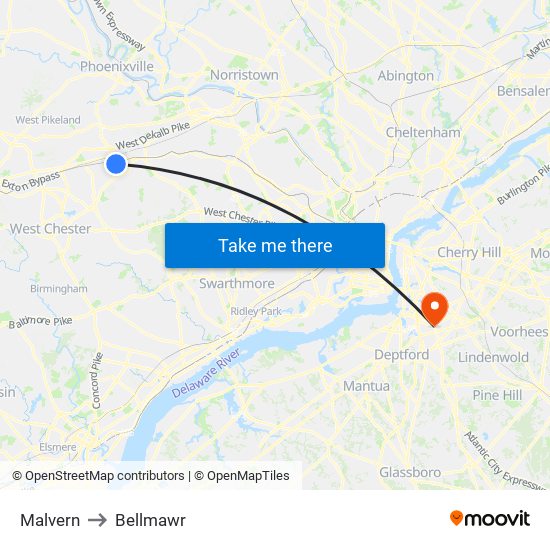 Malvern to Bellmawr map