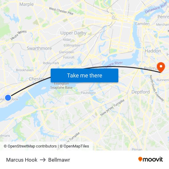 Marcus Hook to Bellmawr map