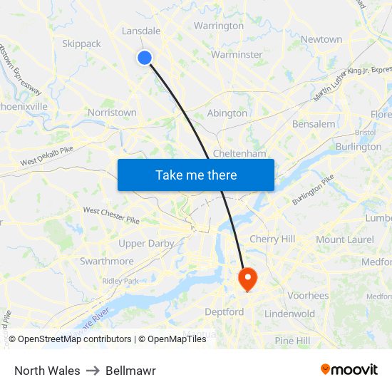 North Wales to Bellmawr map