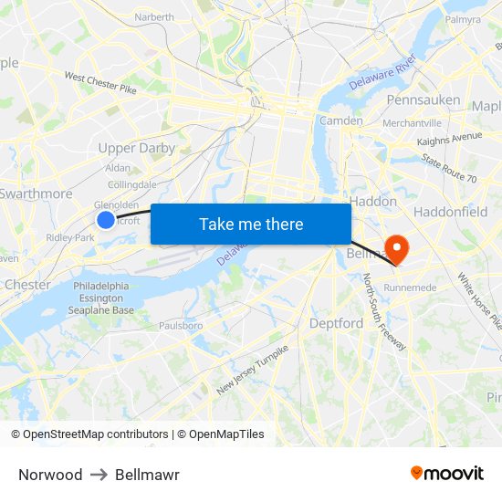 Norwood to Bellmawr map
