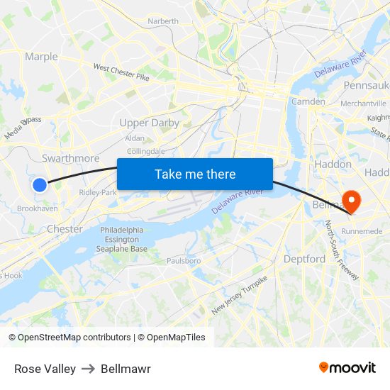 Rose Valley to Bellmawr map