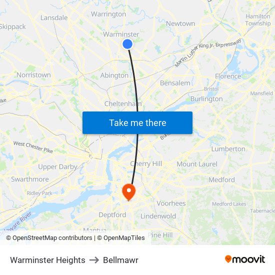 Warminster Heights to Bellmawr map