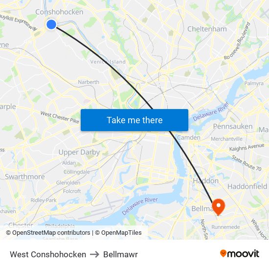 West Conshohocken to Bellmawr map