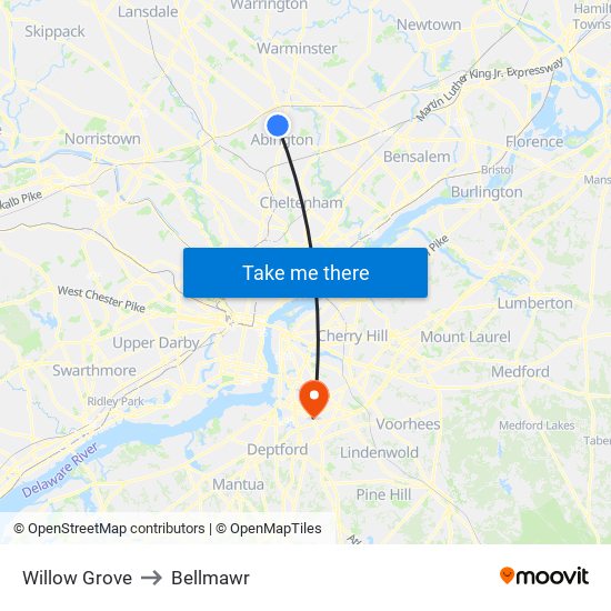Willow Grove to Bellmawr map