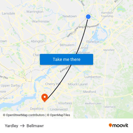 Yardley to Bellmawr map