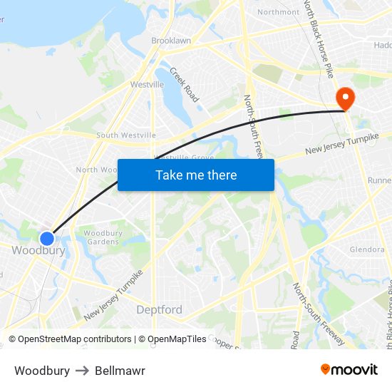 Woodbury to Bellmawr map