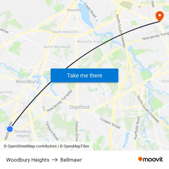 Woodbury Heights to Bellmawr map