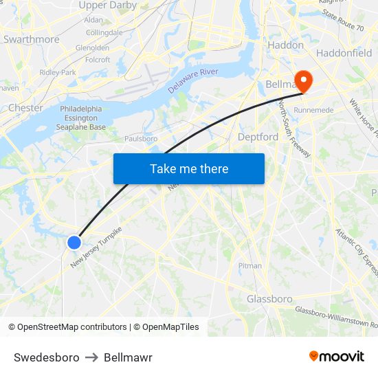 Swedesboro to Bellmawr map