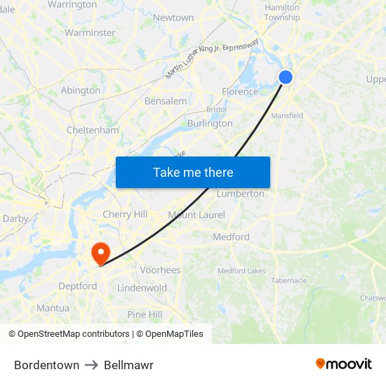 Bordentown to Bellmawr map