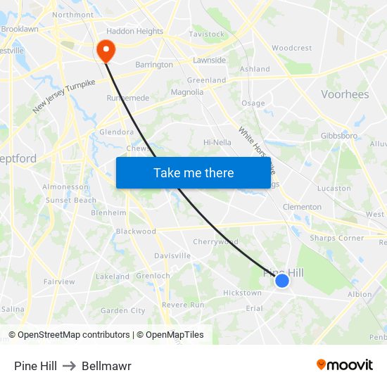 Pine Hill to Bellmawr map