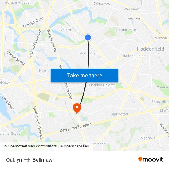 Oaklyn to Bellmawr map