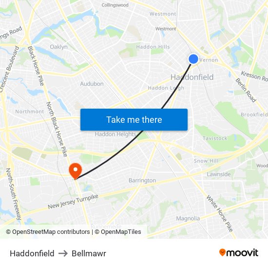 Haddonfield to Bellmawr map