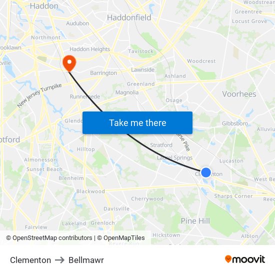 Clementon to Bellmawr map