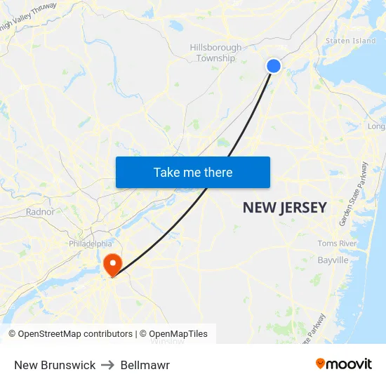 New Brunswick to Bellmawr map