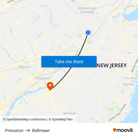 Princeton to Bellmawr map