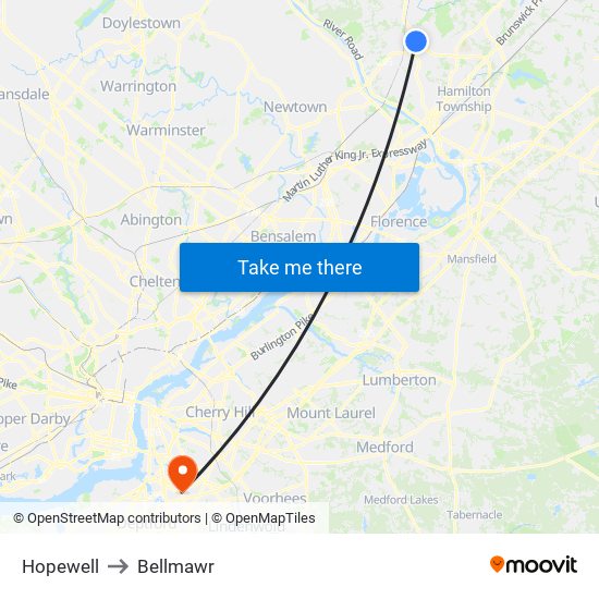 Hopewell to Bellmawr map