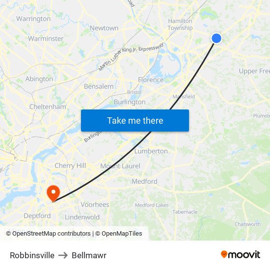 Robbinsville to Bellmawr map