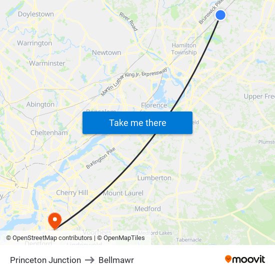 Princeton Junction to Bellmawr map