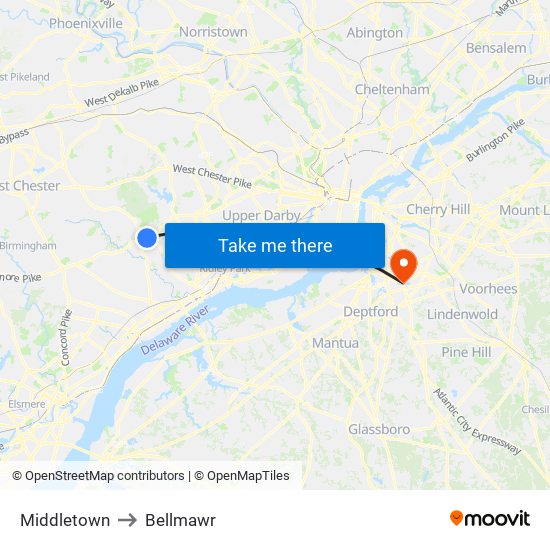 Middletown to Bellmawr map