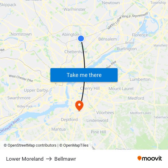 Lower Moreland to Bellmawr map