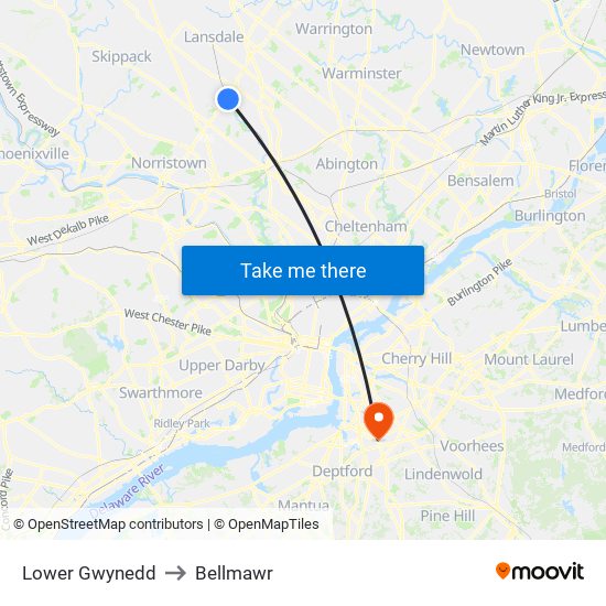 Lower Gwynedd to Bellmawr map