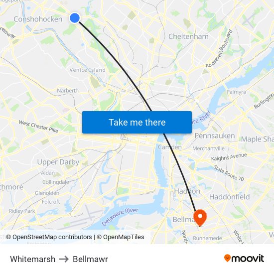 Whitemarsh to Bellmawr map