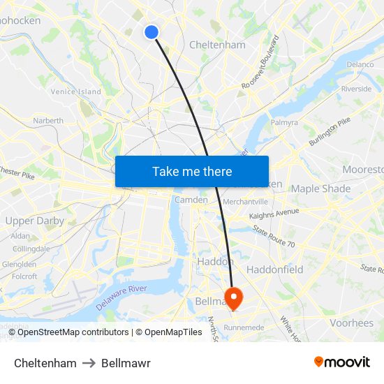 Cheltenham to Bellmawr map