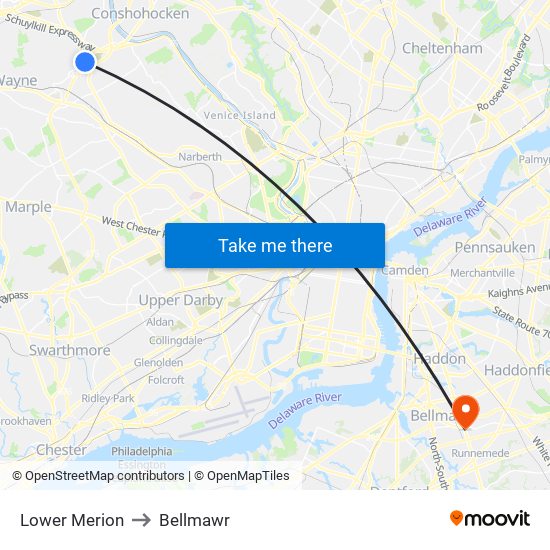 Lower Merion to Bellmawr map