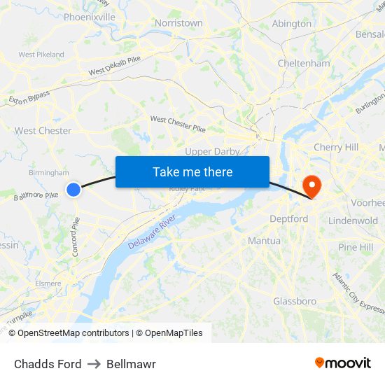 Chadds Ford to Bellmawr map