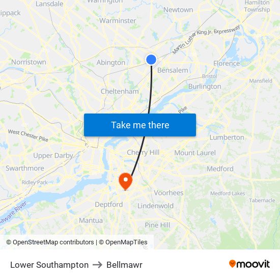 Lower Southampton to Bellmawr map