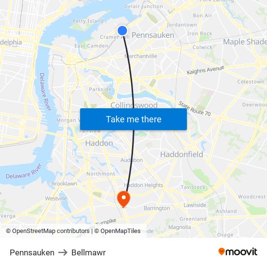 Pennsauken to Bellmawr map
