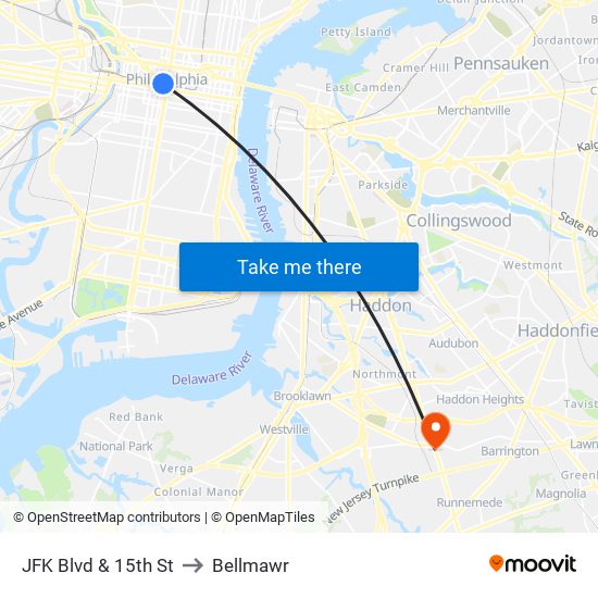 JFK Blvd & 15th St to Bellmawr map
