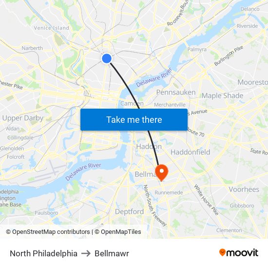 North Philadelphia to Bellmawr map