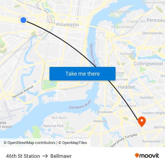 46th St Station to Bellmawr map