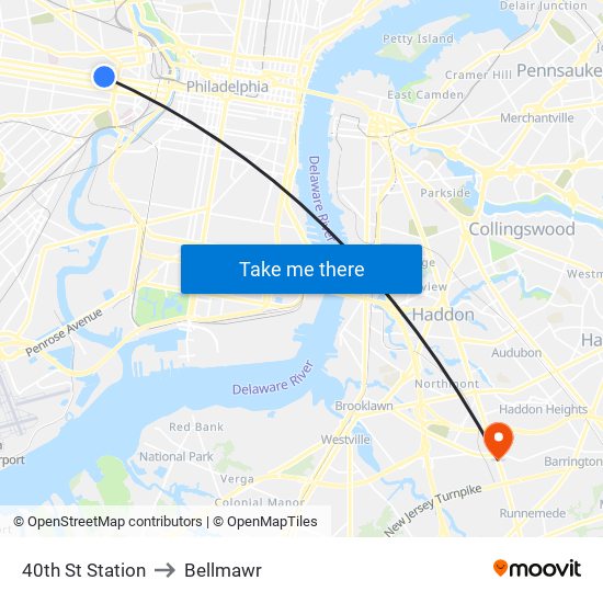 40th St Station to Bellmawr map