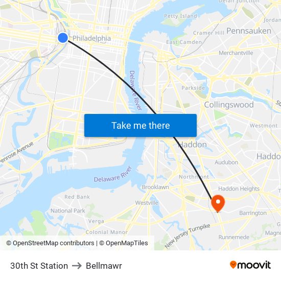 30th St Station to Bellmawr map