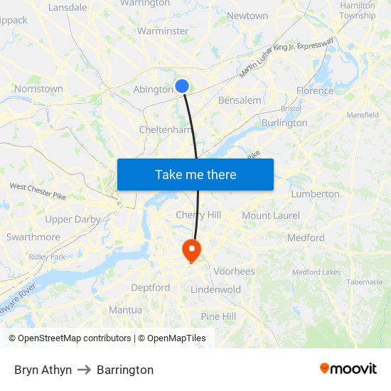 Bryn Athyn to Barrington map
