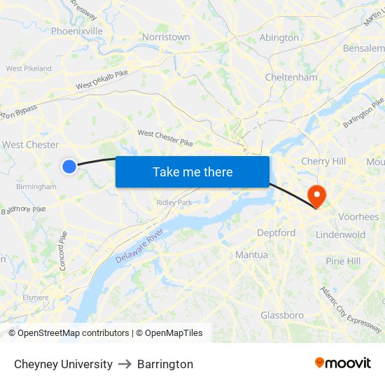 Cheyney University to Barrington map