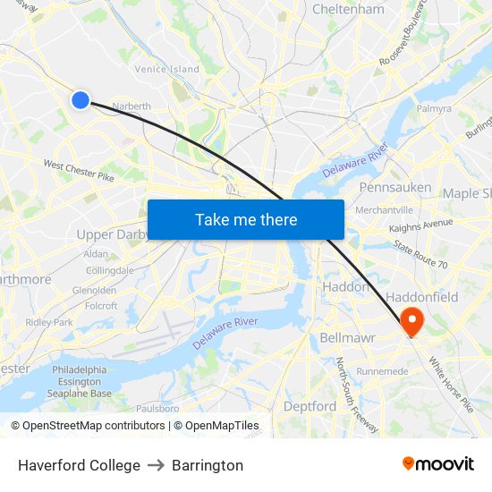 Haverford College to Barrington map
