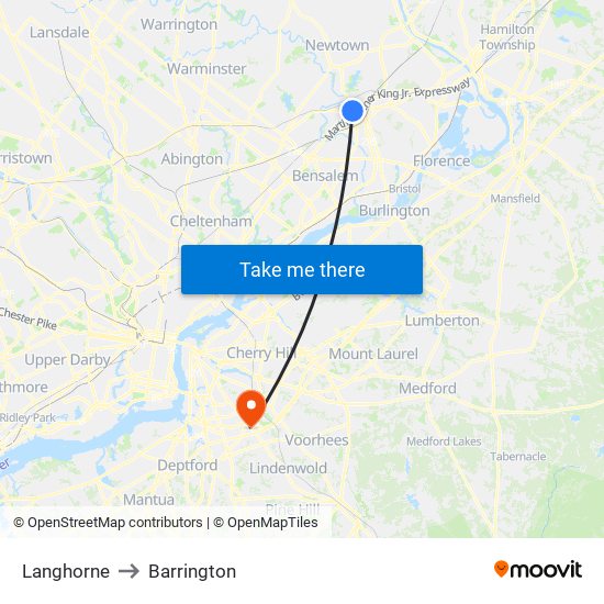 Langhorne to Barrington map