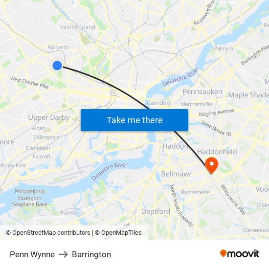 Penn Wynne to Barrington map